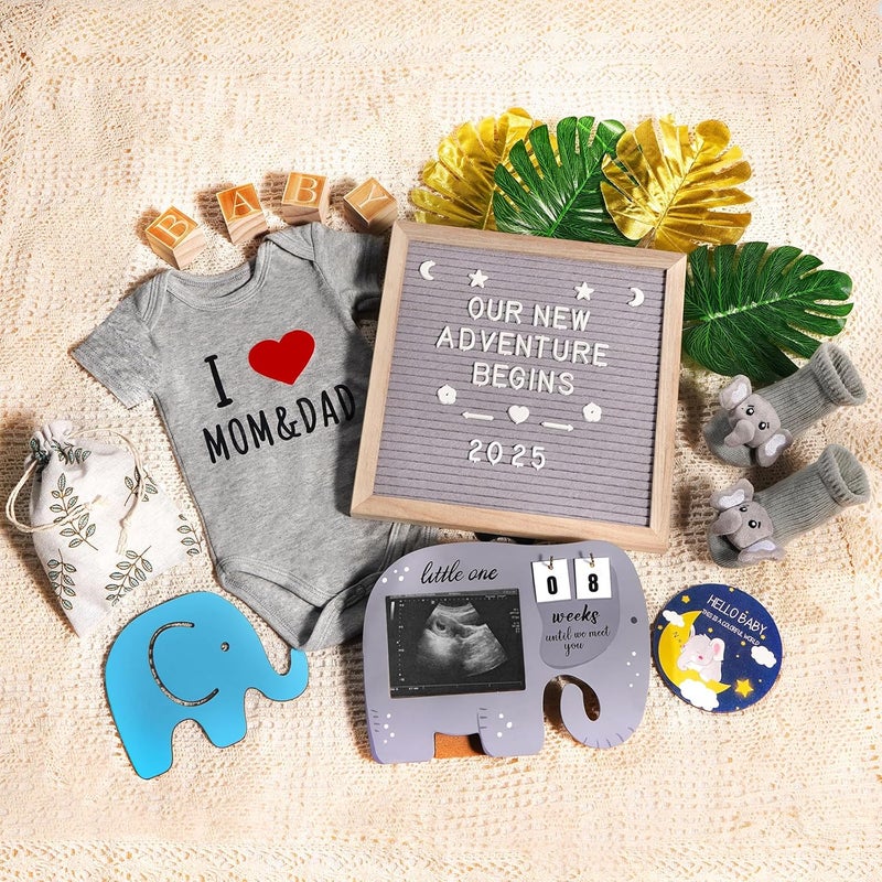 OFUSUY 10 Pcs Pregnancy Announcement Set, Elephant Pregnancy Reveal Ideas Include Felt Letter Board Sonogram Picture Frame Bodysuit Sock Baby Sign and Monstera Leaf for Coming Soon Baby Announcement - Image 1